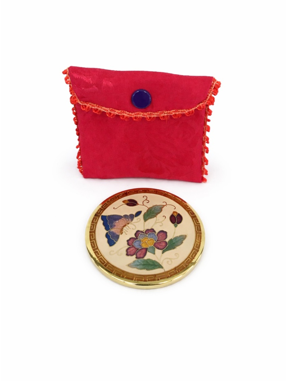 Vintage Cloisonne' Round Enamel Butterfly Floral Oriental Cosmetic Mirror Pouch